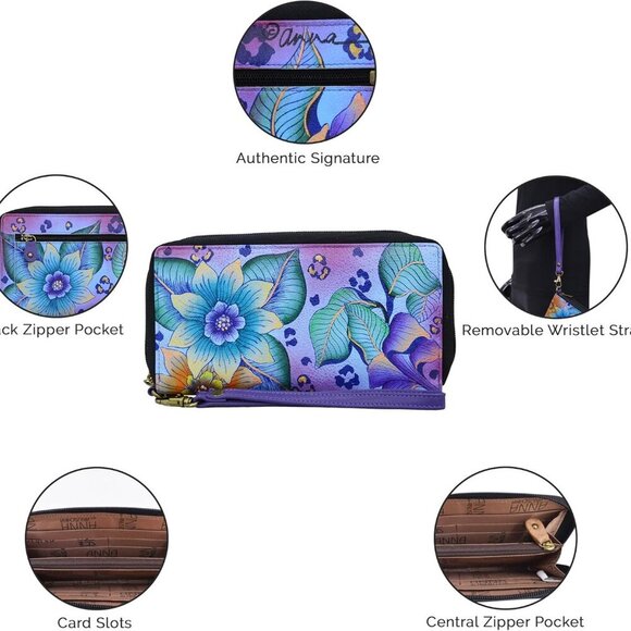 Women's Leather Zip-Around Clutch Wallet Hand-Painted Owl Art Compact - Picture 3 of 6